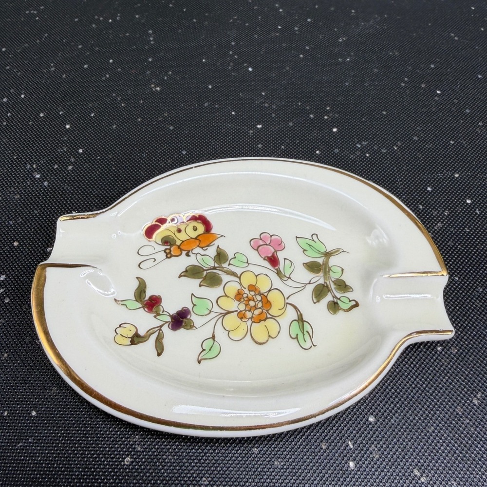 Zsolnay Hungary Hand Painted Porcelain Ashtray Floral Butterfly Gold Trim 4x3 - Picture 11 of 11